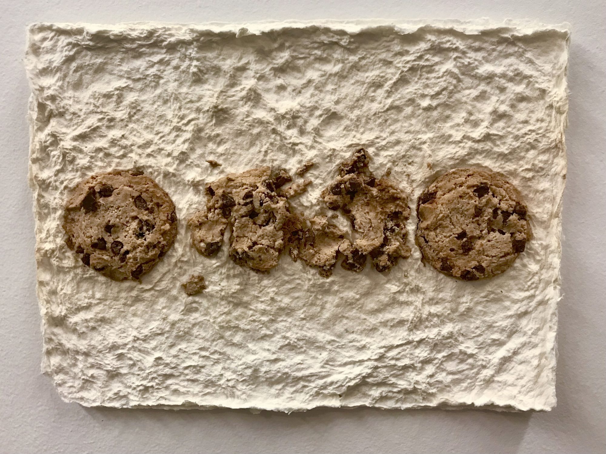 Image of white textured paper with chocolate chip cookies pressed into the surface