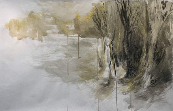 Pencil and ink drawing abstractly depicting a leafless tree line.