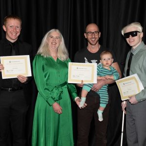 Dean Webb with the three College of Liberal Arts winners of Distinction in Creativity