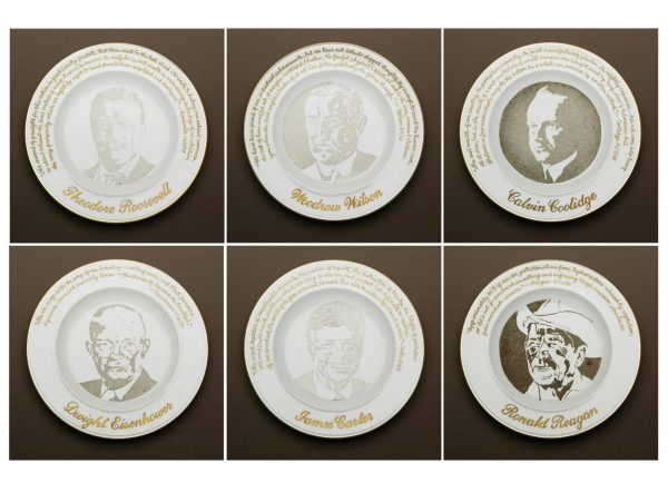 Six plates with images of U.S. presidents detailed on them using air pollution.