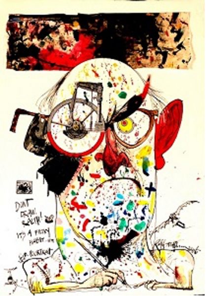 An exaggerated self portrait of the artist