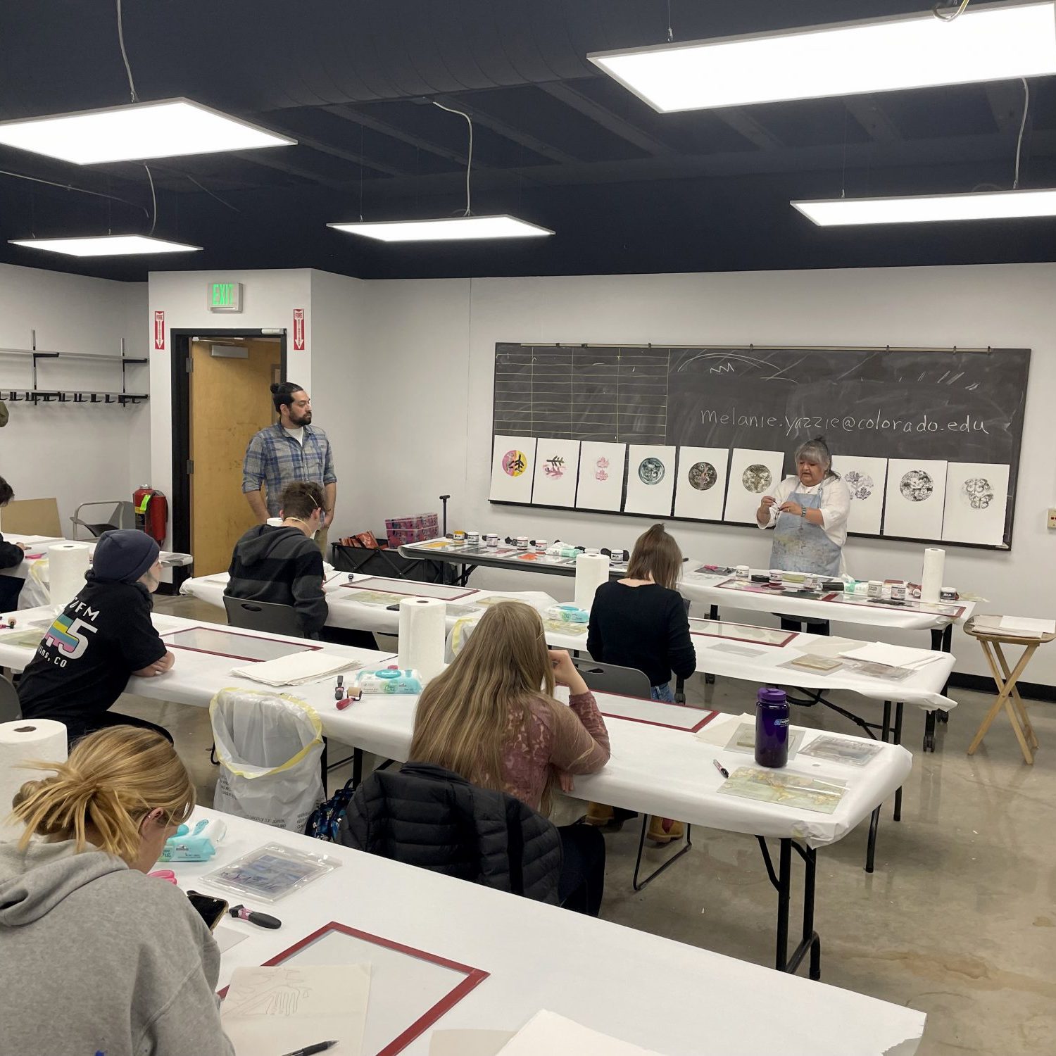Melanie Yazzie hosted a hands-on gelli printing workshop at CABIN. As a printmaker, painter, and sculptor, Melanie Yazzie’s work draws upon her rich Diné (Navajo) cultural heritage. Her work follows the Diné dictum “walk in beauty” literally, creating beauty and harmony. 